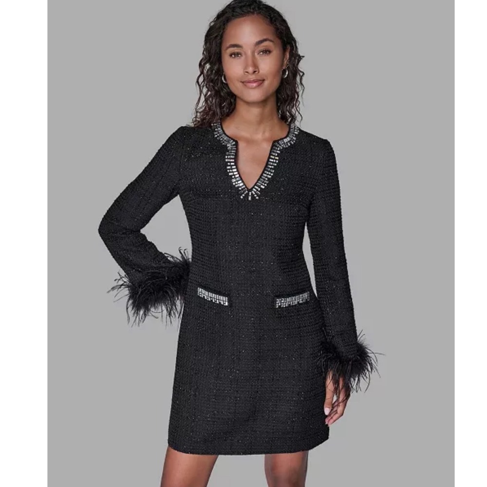 Karl Lagerfeld Paris Black Tweed Rhinestone Feather Trim Dress LD5TOK72 Size 6